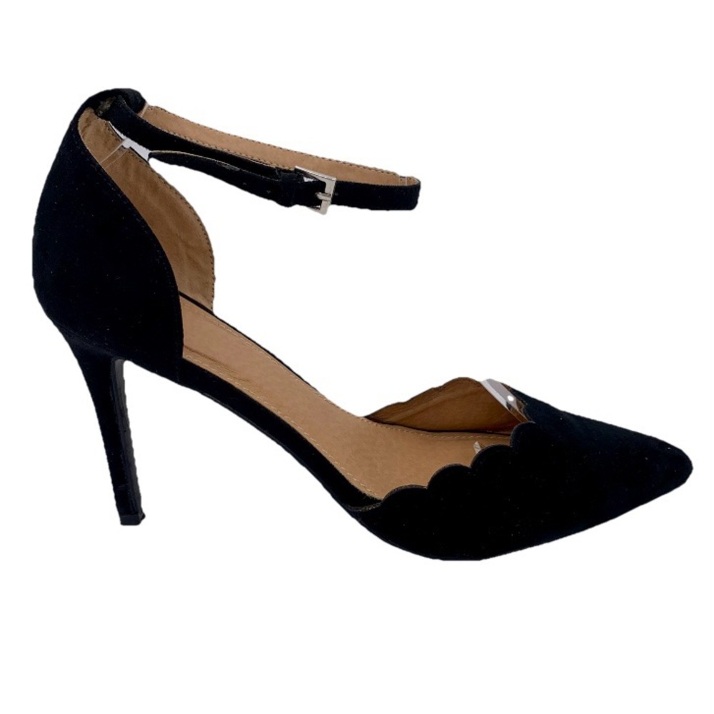 NY&C High Heels Black Faux Suede Women‎ 9.5 Stiletto Ankle Strap Scalloped EUC